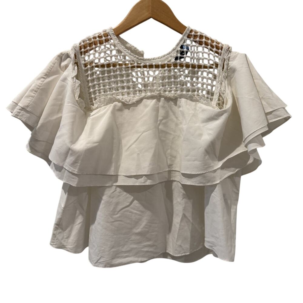 NICHOLAS Blouse Womens XS Ivory Sheer Crochet Ruffle Layered Designer Minimalist